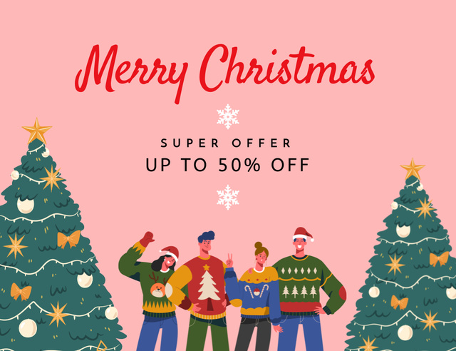 Modèle de visuel People In Sweaters at Christmas Party Illustration And Discounts - Thank You Card 5.5x4in Horizontal