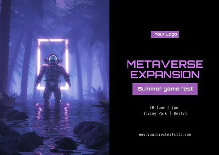 Plantilla de diseño de Anuncio del festival de juegos con personajes en Purple Forest Poster B2 Horizontal 