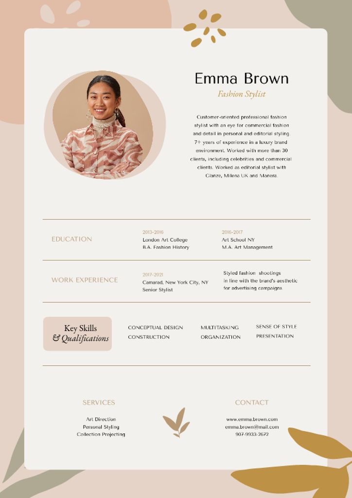 Fashion Stylist skills and experience Resume Design Template