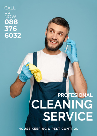 Cleaning Service Offer with a Man in Uniform Flayer Modelo de Design