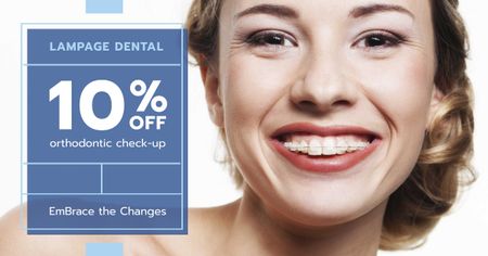 Dental Clinic promotion Woman in Braces smiling Facebook AD Design Template