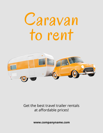 Oferta de aluguel de trailer de viagem com carro retrô amarelo Poster 8.5x11in Modelo de Design