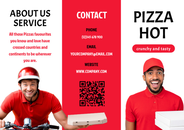 Funny Couriers Delivering Hot Pizza Brochure Πρότυπο σχεδίασης