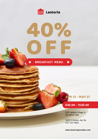 Cafe Menu Offer with Stack of Pancakes with Strawberries Poster Design Template