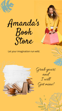 Kirjakaupan kampanja ostoskasseja kantavalla naisella Instagram Story Design Template