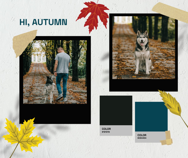 Platilla de diseño Autumn Greetings with Dog Walking Facebook