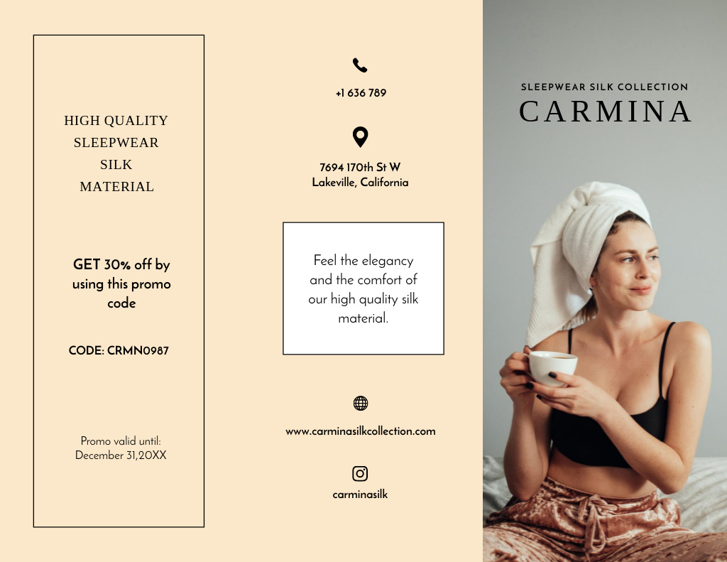 Designvorlage Advertisement for Silk Sleepwear with Attractive Woman für Brochure 8.5x11in