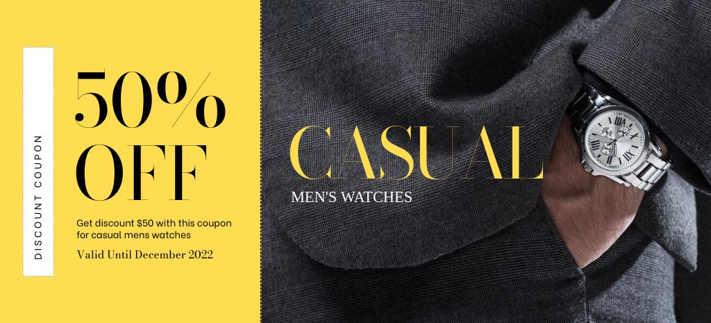 Men's Watch Sale Announcement with Big Discount Coupon 3.75x8.25in – шаблон для дизайну