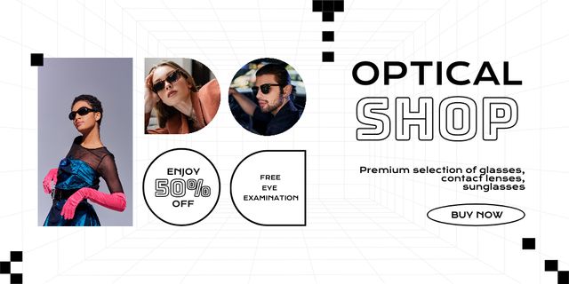 Promo of Optical Store with Premium Quality Glasses for Men and Women Twitter Design Template