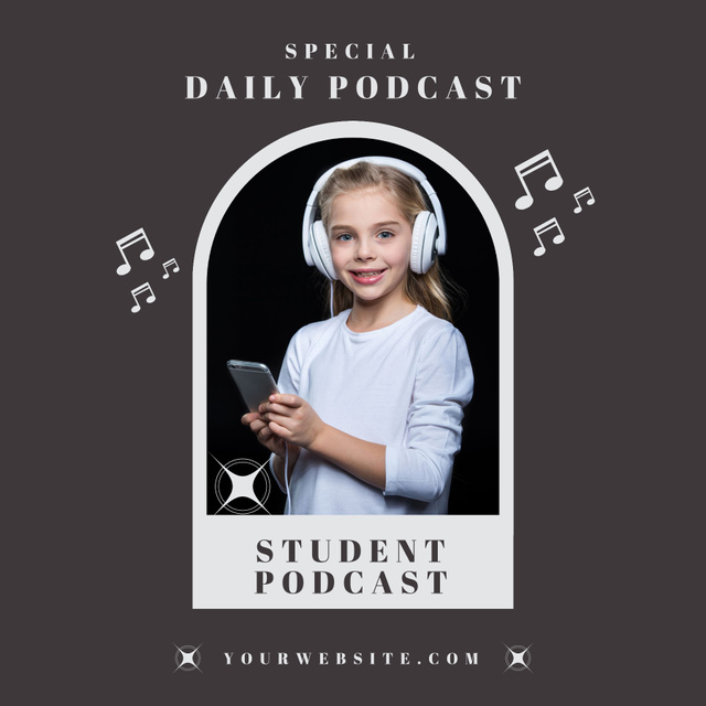 Daily Podcast Cover with Little Girl Wearing Headphones Podcast Cover Tasarım Şablonu
