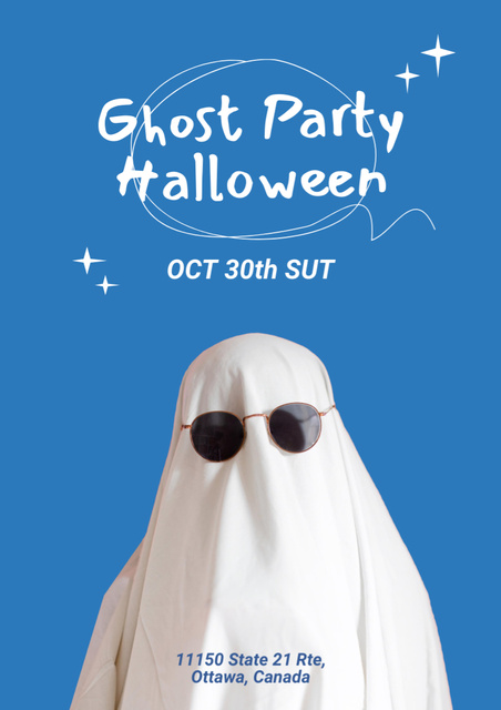 Halloween Party Ad with Funny Ghost in Sunglasses Poster A3デザインテンプレート