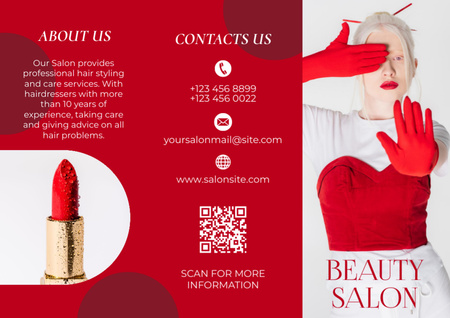 Nabídka kosmetického salonu s blondýnou v červeném Brochure Šablona návrhu