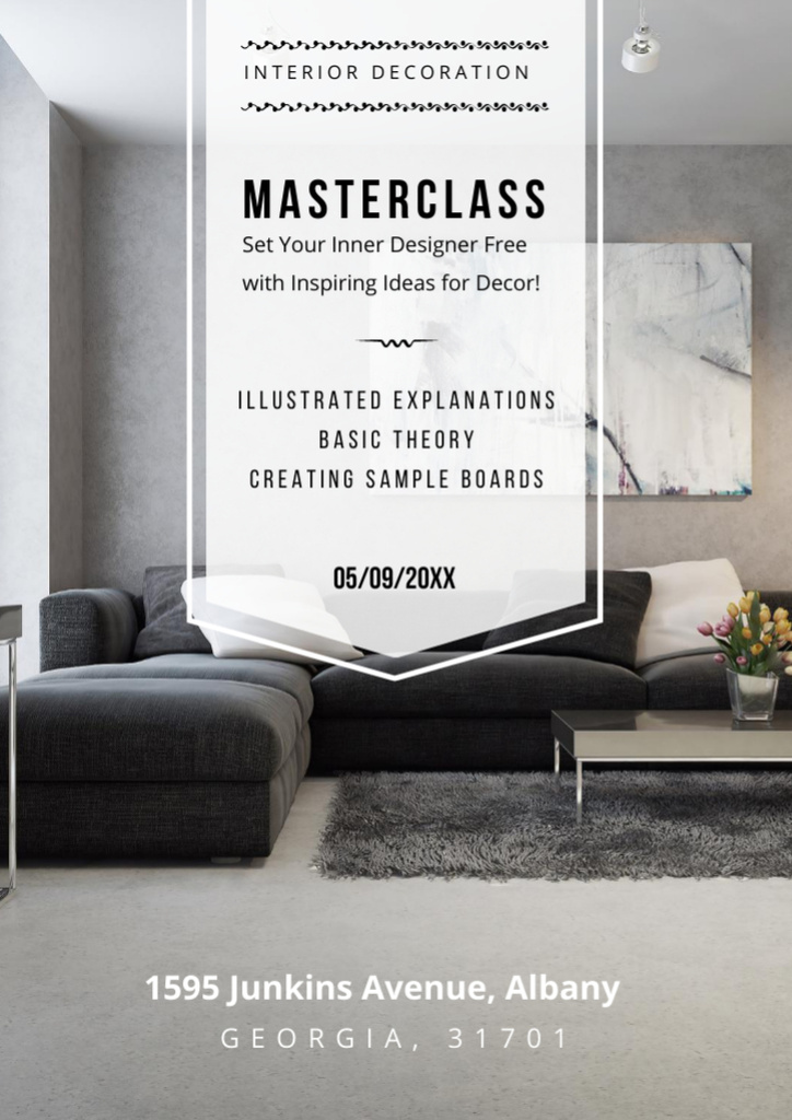 Interior Decoration Masterclass Ad with Cozy Corner Couch in Grey Flyer A4 Design Template