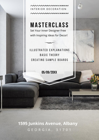Interior decoration masterclass with Sofa in grey Flyer A4 Design Template