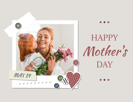 Daughter kissing Mom on Mother's Day Thank You Card 5.5x4in Horizontal Design Template