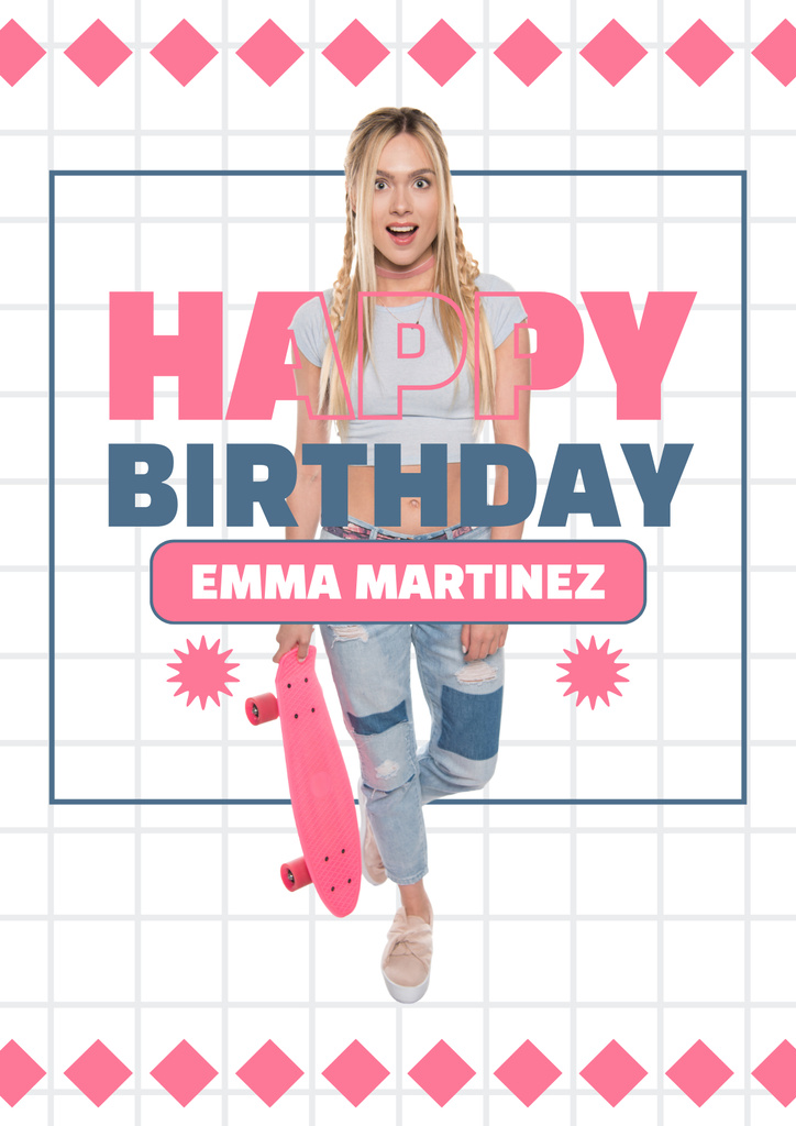Cool Birthday Girl with Skateboard Poster – шаблон для дизайна