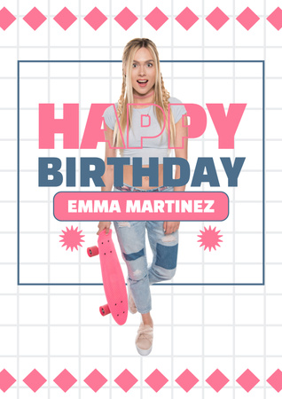 スケートボードを持つクールな誕生日の女の子 Posterデザインテンプレート