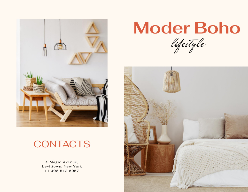Modern Style Interior Design Offer with Cozy Bedroom Brochure 8.5x11in Bi-fold Tasarım Şablonu