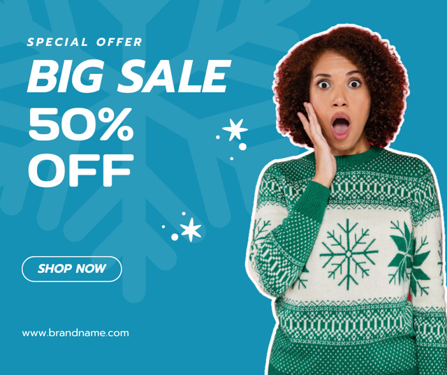 Winter Sale Announcement with Surprised Woman Facebook Design Template