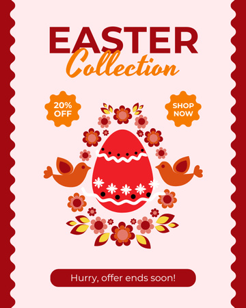 Anúncio da coleção de Páscoa com lindo ovo vermelho e enfeite floral Instagram Post Vertical Modelo de Design