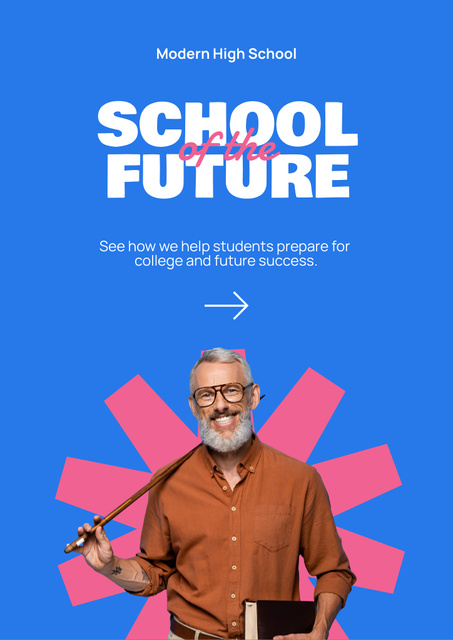 School Apply Announcement with Older Teacher on Blue Flyer A4 – шаблон для дизайна
