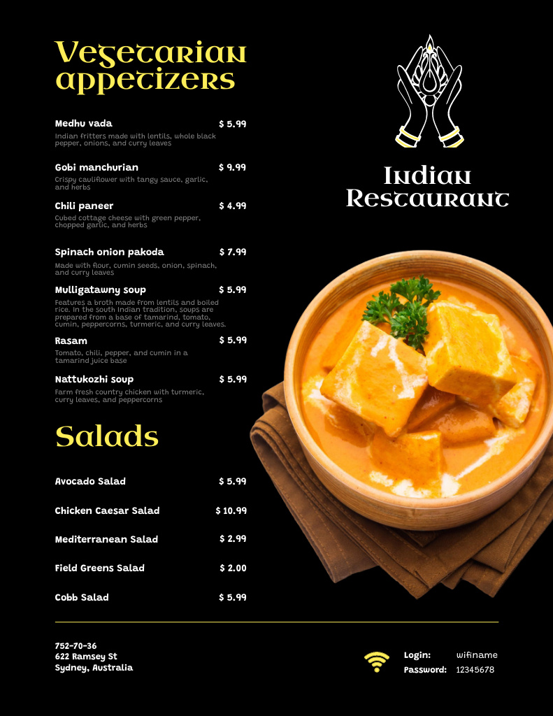 Vegetarian Appetizers in Indian Restaurant Menu 8.5x11in – шаблон для дизайну
