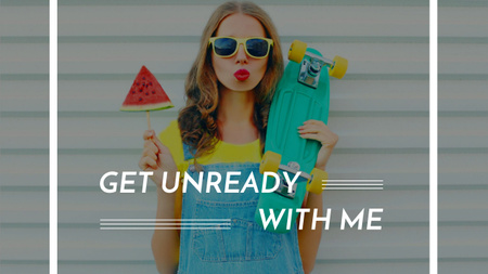 Summer Fashion Ad Girl Holding Skateboard and Watermelon Youtube Thumbnail Design Template
