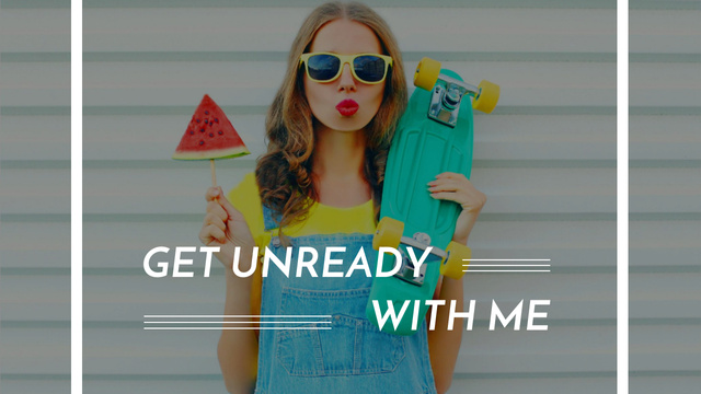 Summer Fashion Ad Girl Holding Skateboard and Watermelon Youtube Thumbnailデザインテンプレート