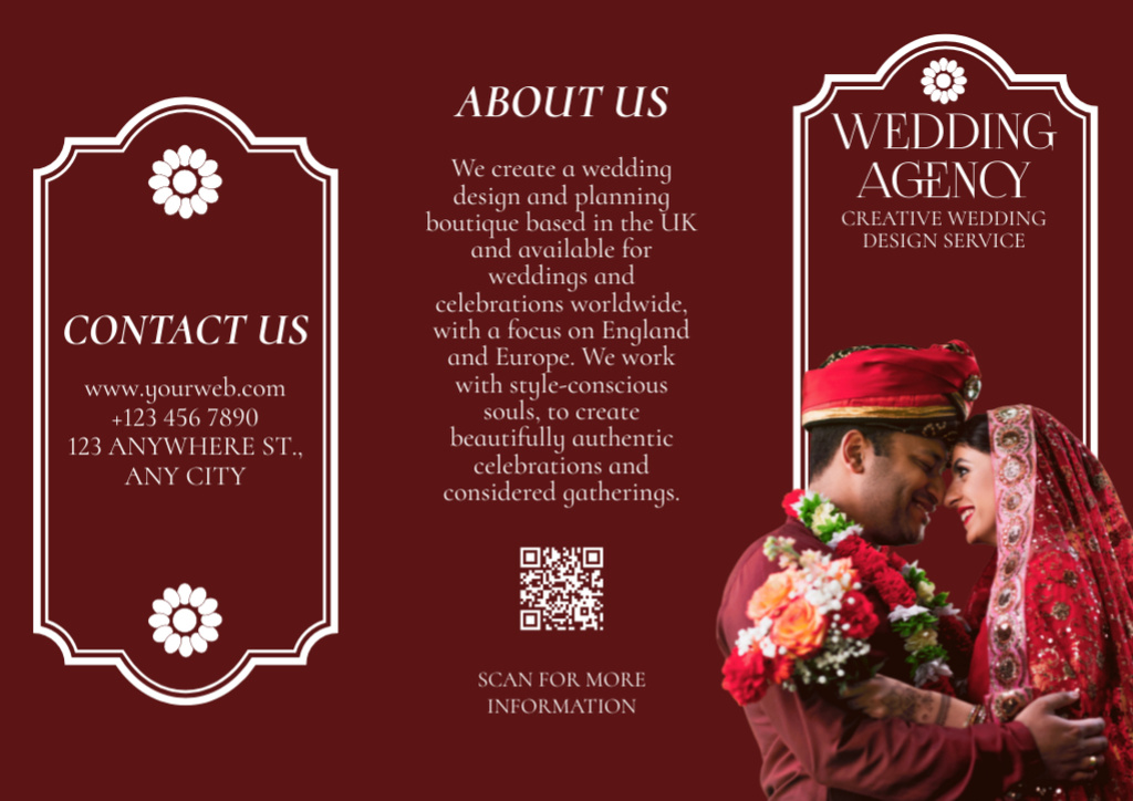 Ontwerpsjabloon van Brochure van Wedding Agency Ad with Attractive Indian Bride and Groom