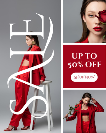 Kırmızı Güllü Muhteşem Kadın ile Moda İndirimi Reklamı Instagram Post Vertical Tasarım Şablonu