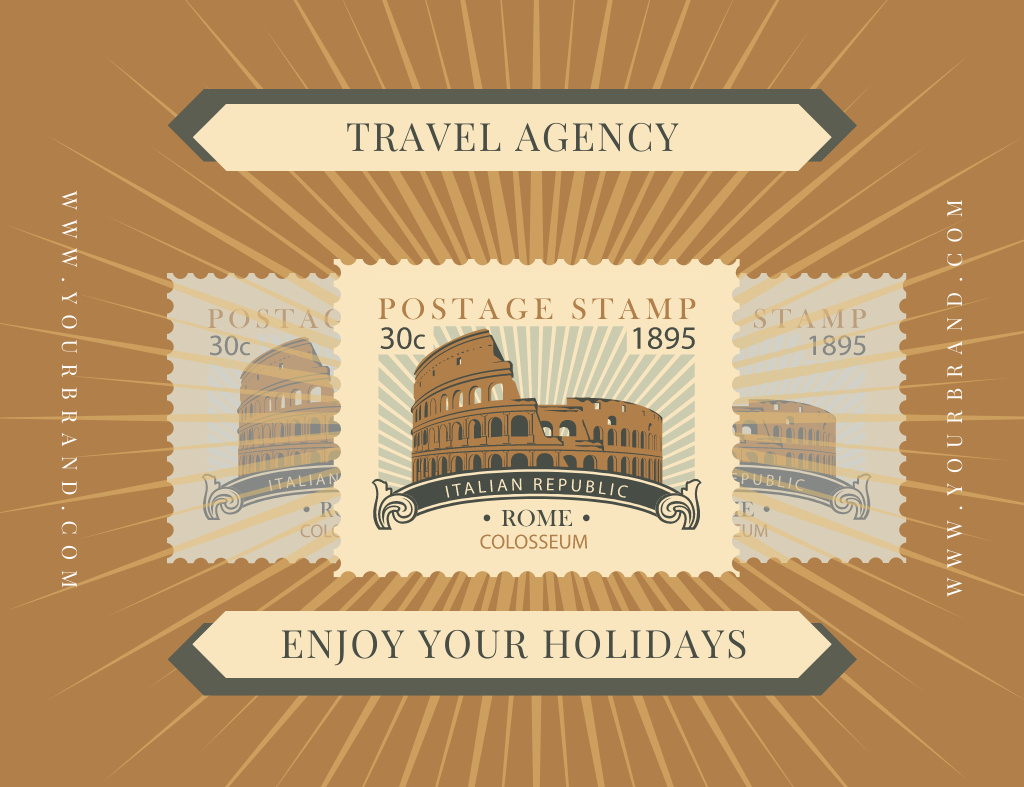 Travel Agency Advertisement with Vintage Postal Stamp Thank You Card 5.5x4in Horizontalデザインテンプレート