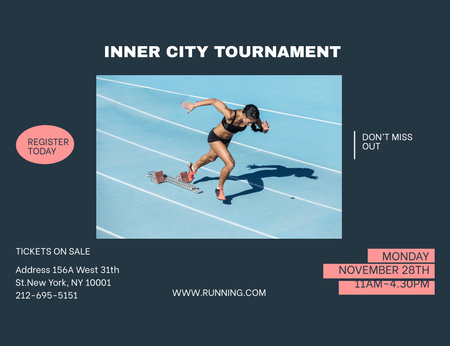 Running Tournament Announcement In Blue Invitation 13.9x10.7cm Horizontal Design Template