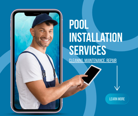 Young Worker Offers Swimming Pool Installation Facebook Design Template