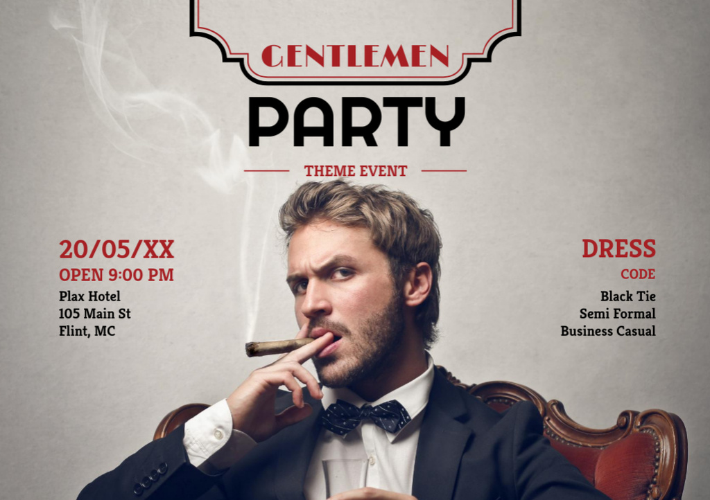 Template di design Gentlemen Party Announcement with Handsome Man in Suit with Cigar Flyer A5 Horizontal