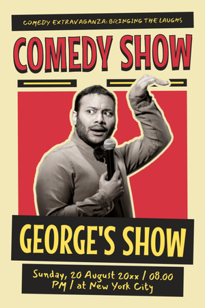 Designvorlage Ankündigung einer Comedy-Show mit Schwarz-Weiß-Foto des Komikers für Tumblr
