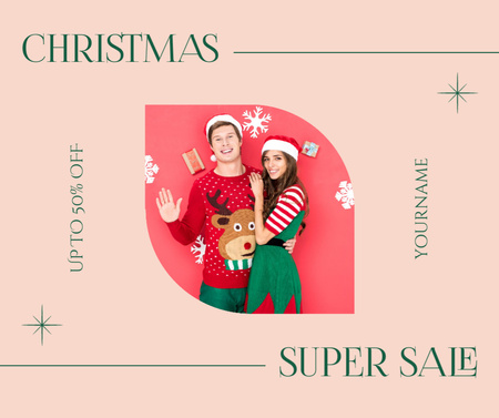 Smiling Couple in Santa Hats on Christmas Sale Facebook Design Template