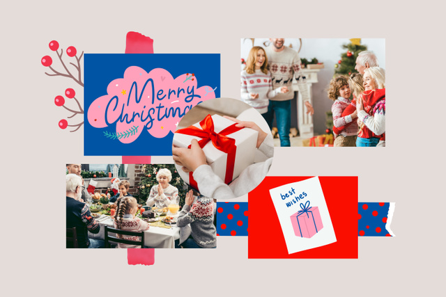 Platilla de diseño Christmas Party with Happy Family with Gifts Mood Board