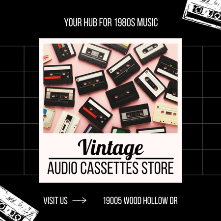 Música nostálgica em cassetes de áudio em loja de antiguidades Animated Post Modelo de Design