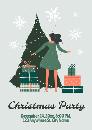 Christmas Celebration with Woman decorating Tree Poster Design Template