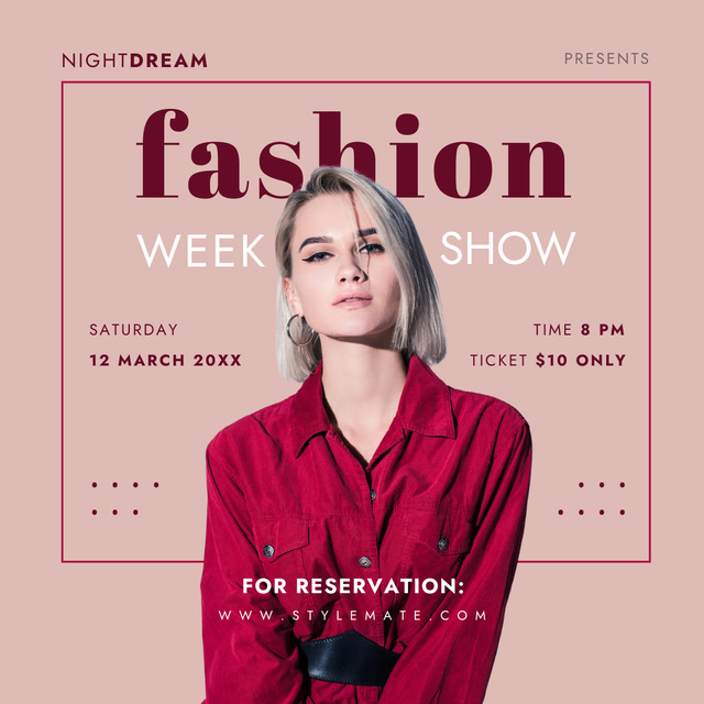 Fashion Week Show Invitation with Attractive Blonde Woman Instagram Design Template