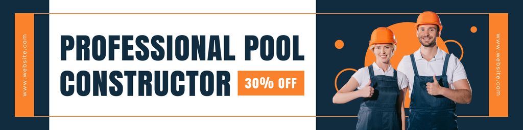 Pool Building Service Discount Announcement with Workers LinkedIn Cover Design Template