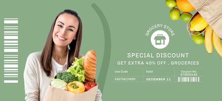 Woman Holding Paper Bag With Groceries And Discount Coupon 3.75x8.25in Design Template