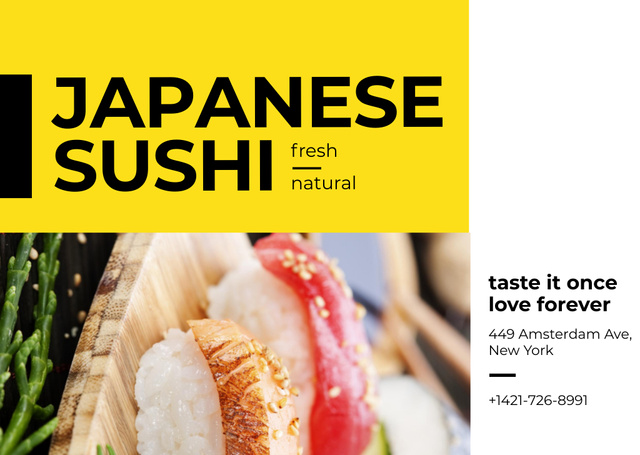 Modèle de visuel Japanese Restaurant Ad with Fresh Sushi - Flyer A6 Horizontal