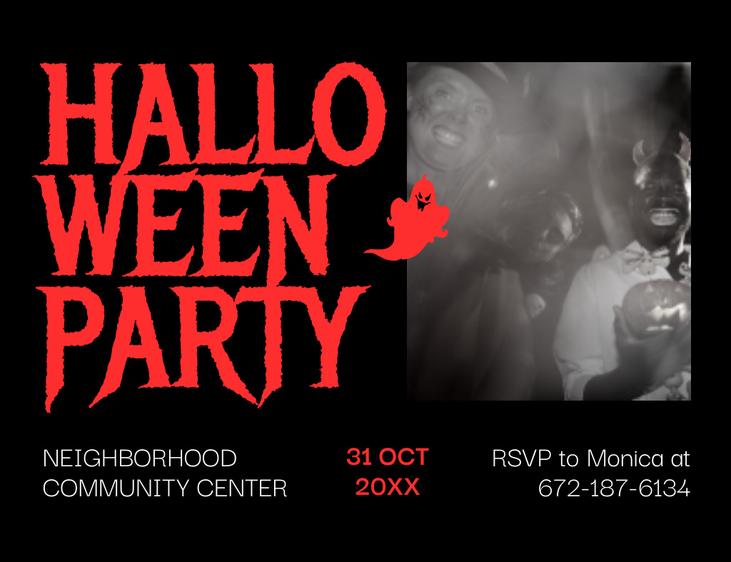 Halloween Party Announcement on Black Invitation 13.9x10.7cm Horizontal Design Template