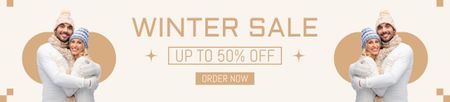 Platilla de diseño Winter Sale with Cute Couple in Warm Hats Ebay Store Billboard