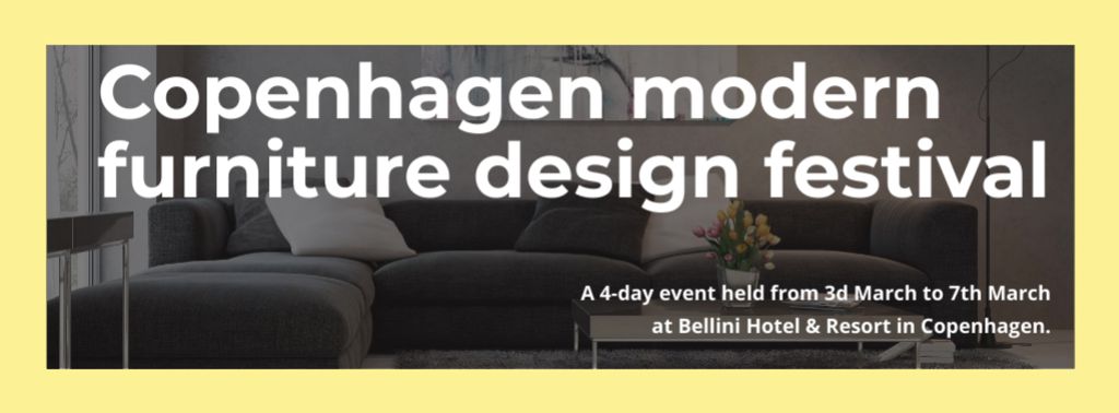Interior Decoration Event Announcement with Sofa in Grey Facebook cover Modelo de Design