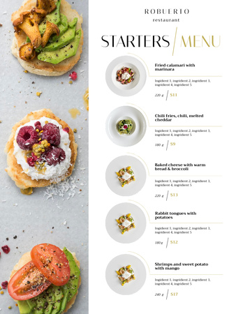 Food Menu Announcement with Appetizing Bruschettas Menu 8.5x11in Design Template