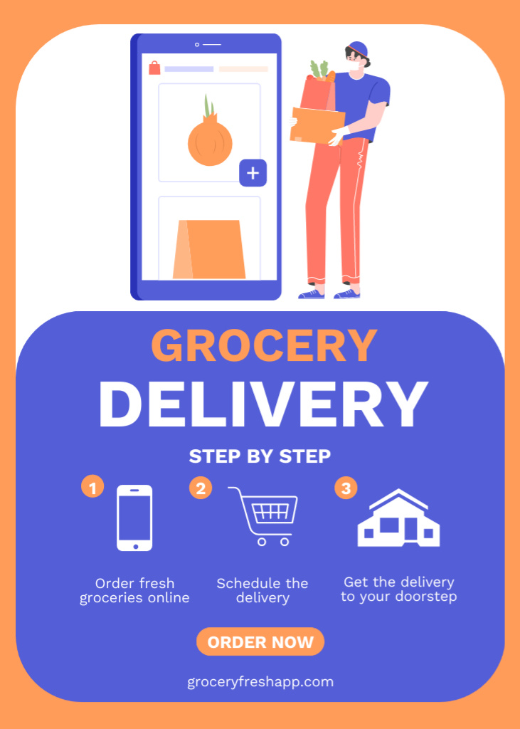 Grocery Delivery Service Advertisement with Courier Flayer Design Template