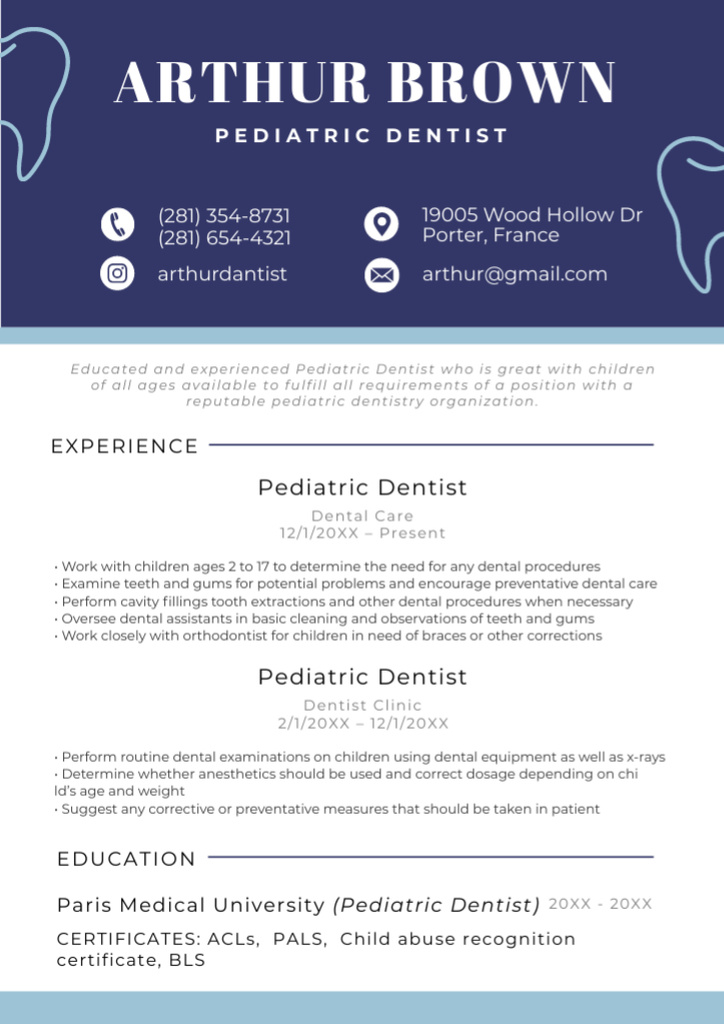Qualified Pediatric Dentist Skills and Experience Doctor Resume Modelo de Design