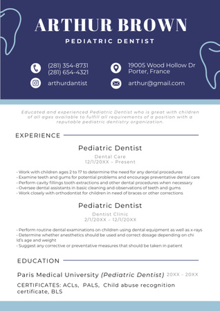 Qualified Pediatric Dentist Skills and Experience Doctor Resume Design Template